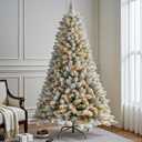 6 FT Prelit Snow Flocked Christmas Tree, Artificial Spruce Christmas Tree with 250 Warm White LED Lights, 600 PVC Branch Tips, Easy Assembly/Metal Stand/Hinged Branches Decoration