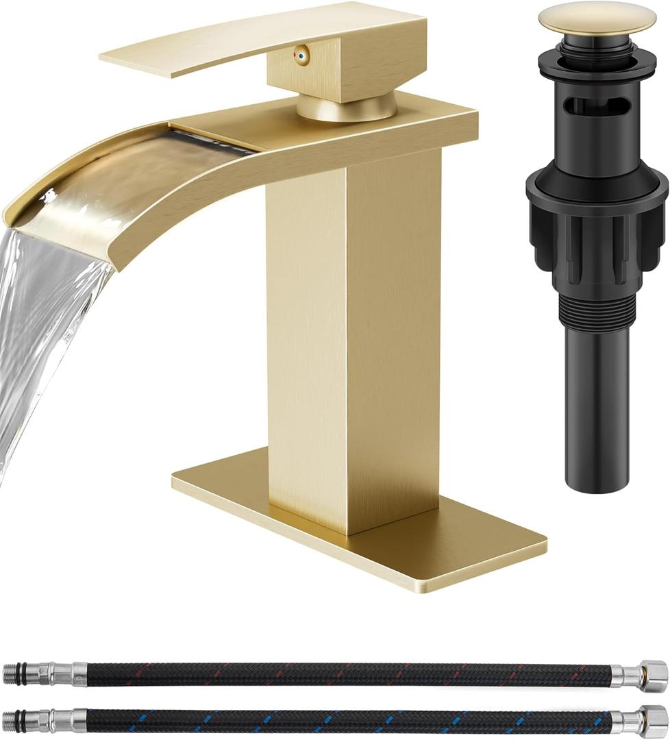 Waterfall Bathroom Faucet 1 Hole, Single Hole Bathroom Faucet, Single Handle Vanity Sink Faucet with Deck Plate, Pop-up Drain & Supply Lines, Brushed Gold