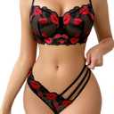 WDIRARA Women's Sexy Floral Lace Print Embroidered Mesh Sheer Underwire Lingerie Set with Belt (Large)