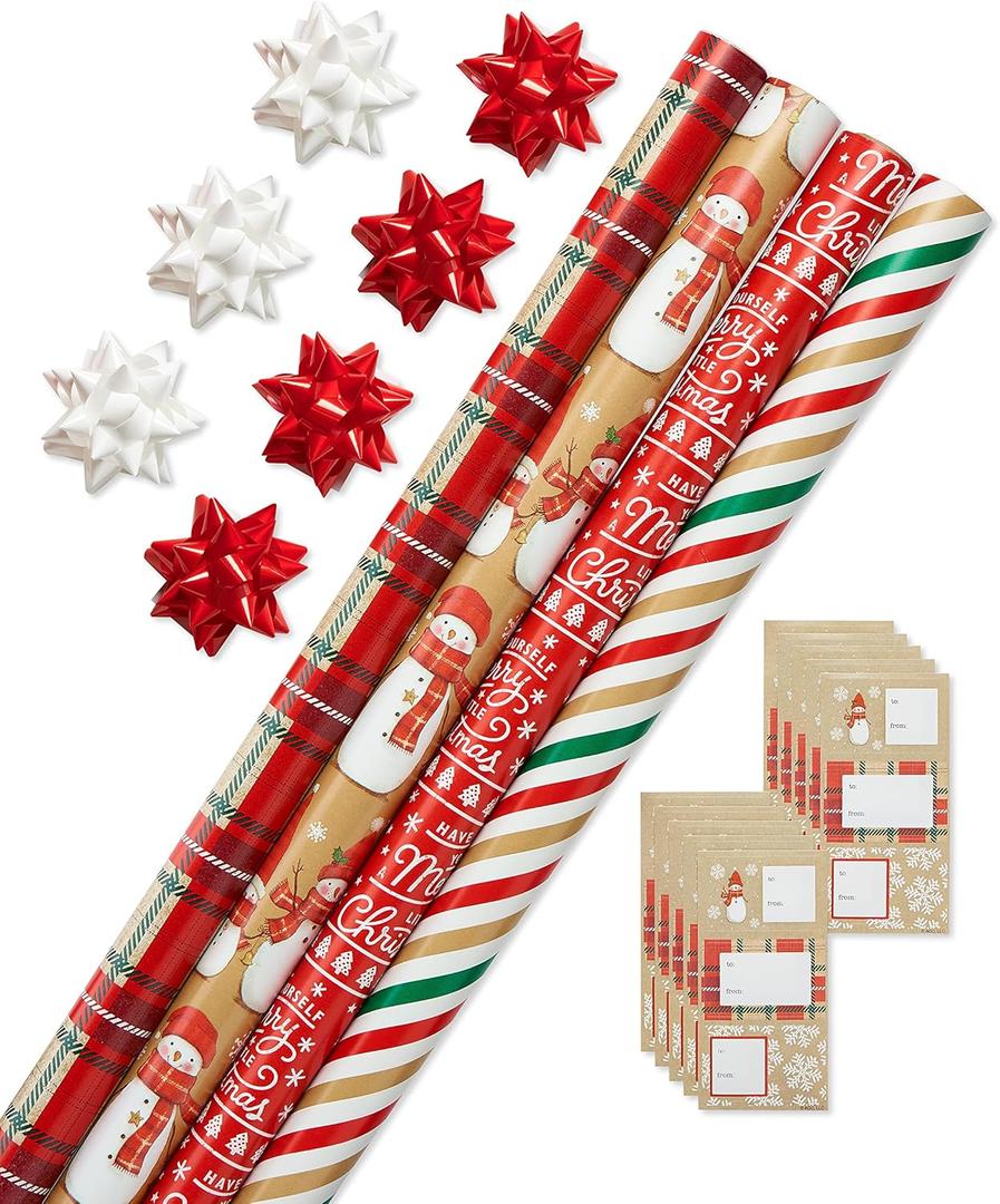 American Greetings Christmas Wrapping Paper Set, Red and Tan Brown Holiday Gift Wrap (120 sq. ft., 4 rolls-30 in. x 12 ft., 7 Adhesive Bows, 30 Gift Tag Stickers) Plaid, Stripes, and Snowmen