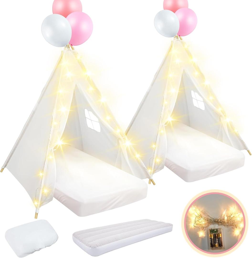 2 Pack Kids Teepee Tent with Mattress,Fitted Sheet,Light String,Washable Natural Cotton Toddler Play Tent for Girls Boys Indoor Outdoor Sleepover Slumber Birthday Party(White)