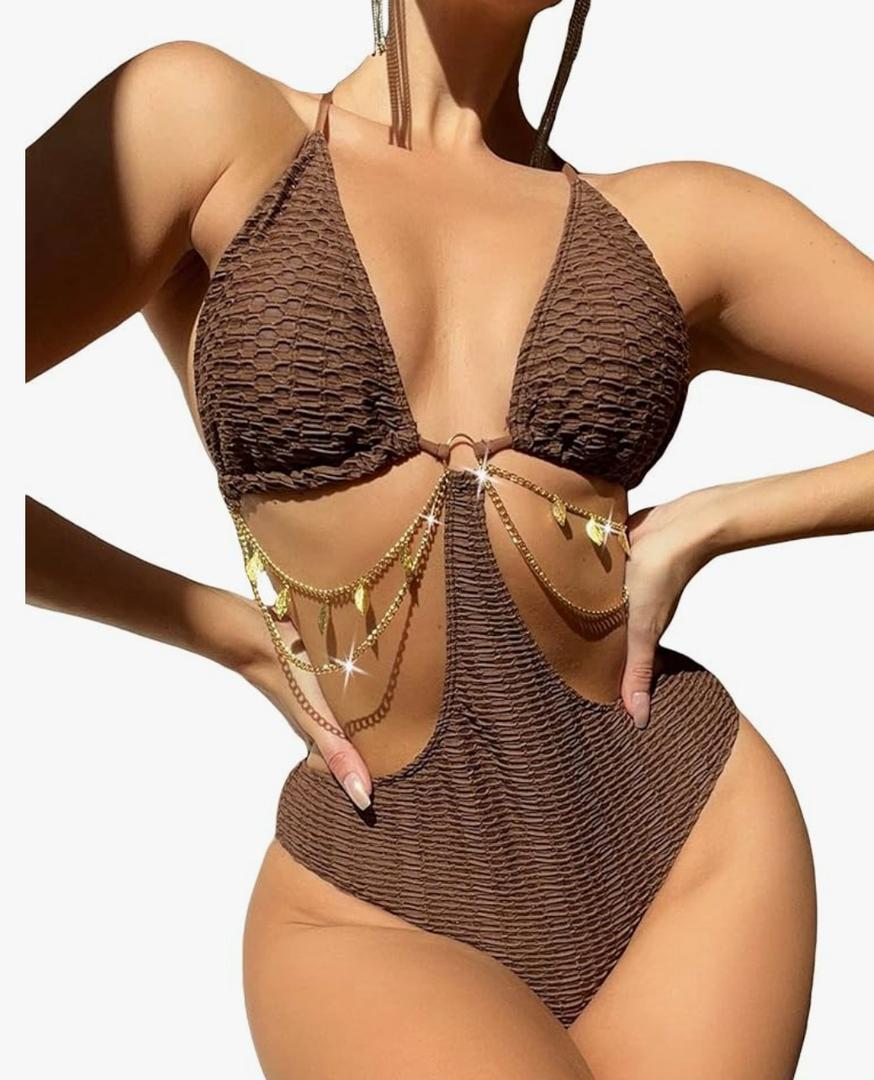 OYOANGLE Women's Chain Linked Cut Out Halter One Piece Swimsuit Tummy Control Bathing Suit, Medium