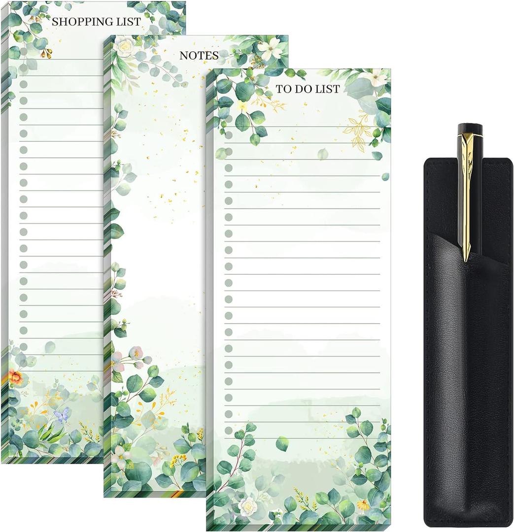 Epakh 3 Sets Grocery List Magnetic Notepad for Fridge with PU Leather Pen Holder Refrigerator Note Pad Magnet Shopping List Memo Notepads 3 x 7.9 Inch(Eucalyptus Leaf)