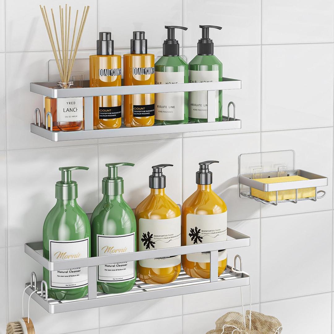 Adhesive Shower Caddy, 3 Pack Shower Shelves with Soap Holder and 12 Hooks, Rustproof No Drilling Bathroom Organizer and Storage, Silver