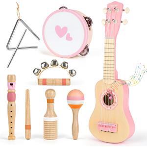 Vanplay Kids Guitar Set for Girls - Toys for 2 3 4 Year Old Girl Birthday Gifts - 7 in 1 Wooden Montessori Musical Instruments with Ukulele/Tambourine/Maracas/Flute for Toddler 2-5(Pink)