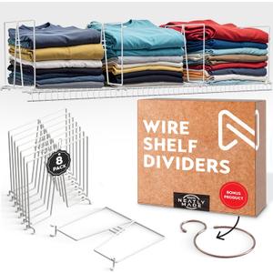 Tall White Wire Shelf Dividers for Closet Organization  Sturdy and Easy Set-Up Closet Shelf Dividers with Bonus Rose Gold Hanger (12 inch Wire Shelves, 8-Pack)