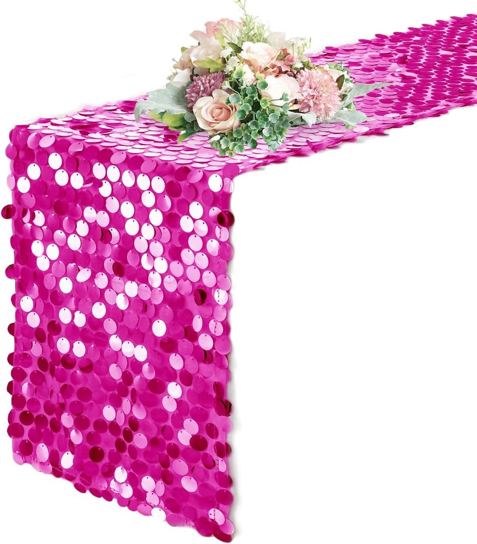 Pufogu 12 x 108 Inch Sequin Table Runner,Fuchsia Glitter Premium Big Sequin Table Runner, Rectangle Table Runners for Halloween, Christmas, Wedding Party, Birthday Party, Banquet Decor (1 Pack).