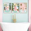 3Pcs Pink Bathtub Plant Canvas Wall Art Maximalist Botanical Bathroom Posters Prints Paintins Pink toilet bathtub sink Wall Decor Pictures for Washroom Artwork Home Decoration Unframed