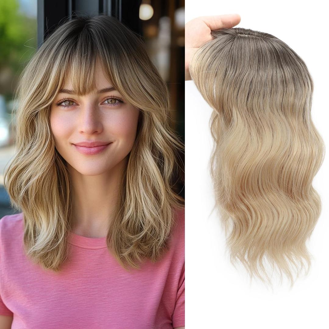 TYQ Hair Toppers for Women with Thinning Hair 14 Inch, 360 3D Synthetic Curly Wavy Wispy Clip in Bangs(Ombre Dark Root to Blonde) (R4/22/60)