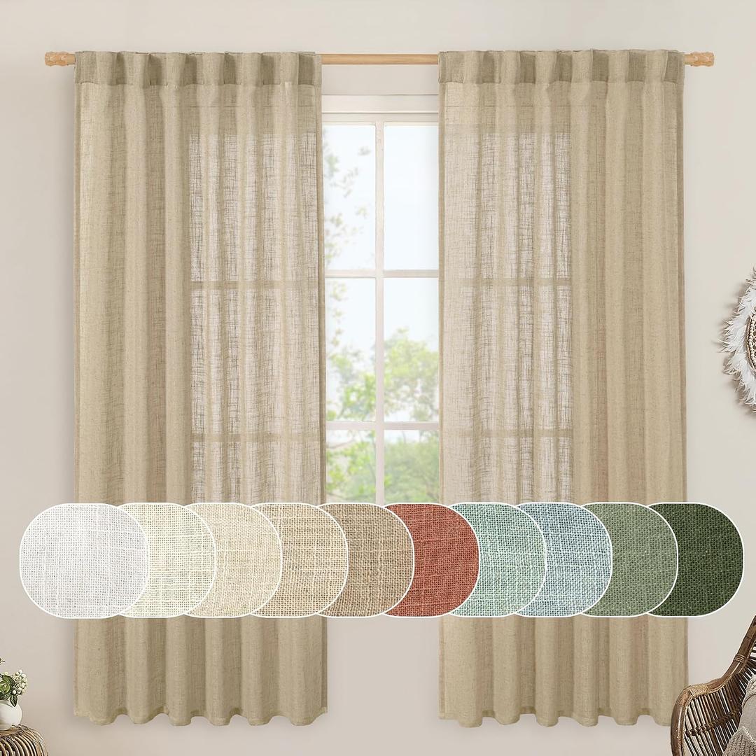 LAMIT Linen Blended Curtains for Bedroom, Faux Linen Textured Light Filtering Drapes Back Tab and Rod Pocket Boho Burlap Panels for Farmhouse/Living Room, 2 Panels, 52 x 72 Inch, Brown