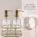 3 Piece Round Heavy Weight Glass Soap Lotion Pump Dispenser Set with Metal Caddy for Home Bath Kitchen Travel Office Hand Crafted Metal Tray Brushed Gold