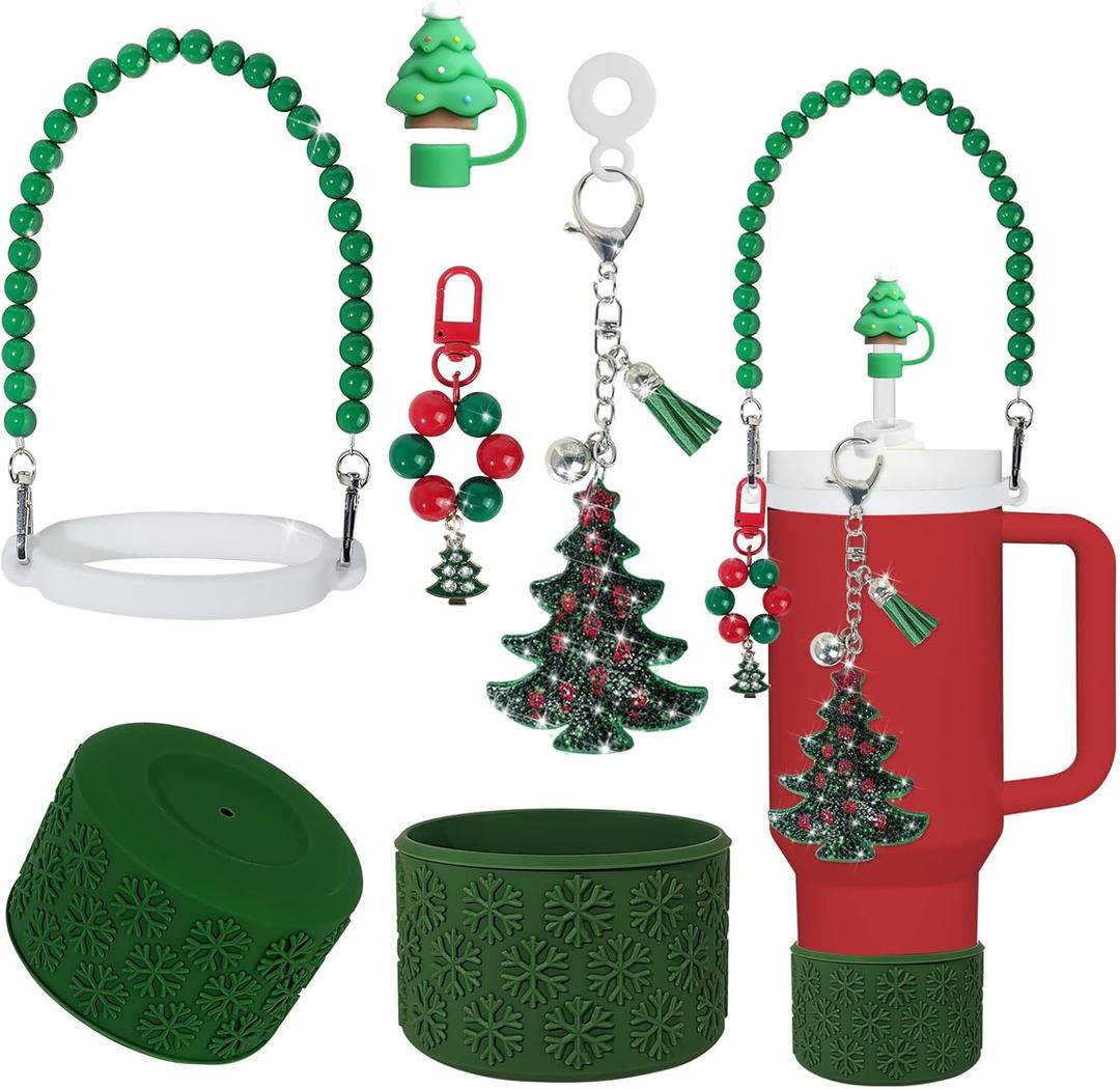 Christmas Stanley Cup Accessories Set Including 1pcs 0.4in Straw Covers, 1 Water Bottle Handle Strap, 2 Cute Christmas Charms and 1 Silicone Boot for Stanley 40oz & 30oz Tumbler (Green)