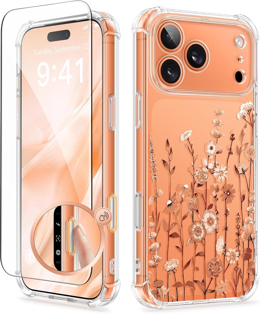 GVIEWIN for iPhone 17 Pro Max Case, [Upgraded Full Camera Protection][Not Yellowing][Screen Protector] Shockproof Protective Clear Floral Phone Case for iPhone 17 Pro Max 6.9'' (Floratopia/Orange)