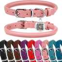 BRONZEDOG Rolled Leather Dog Collar for Small Medium Large Dogs with QR ID Tag (M: 14-16 Inch, Powder Pink)