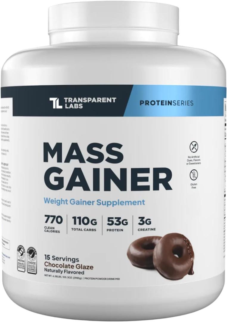 Transparent Labs Mass Gainer Protein Powder - Naturally Flavored Grass-Fed Whey w/ 53g Protein, 110g Carbs, High-Calorie Powder for Muscle Gain & Recovery, 3g Creatine - 15 Servings, Chocolate Glaze, BBD 04/2028