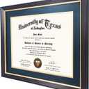 11x14 Wood Diploma Frame with Navy Mat or Display 14x17 Certificates without Mat,UV Protection Acrylic,Deep Brown Finish with Gold Trim
