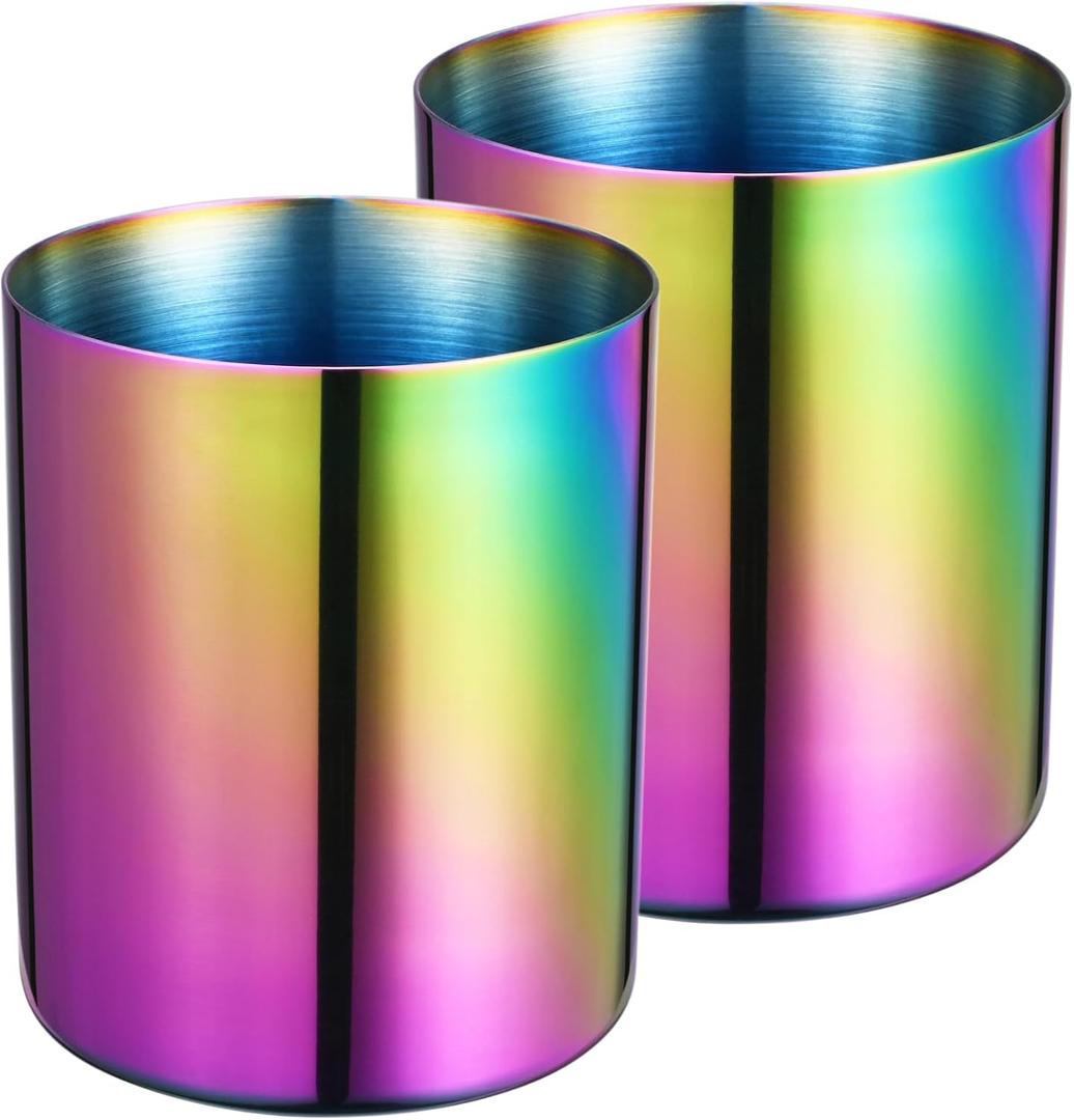 Set of 2 Rainbow 304 Stainless Steel Mirror-Polished Round Pen Holder  Nordic Style Pencil Cup & Makeup Brush Organizer for Office, Home, Kitchen, Bathroom, and Vanity