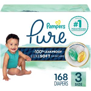 Pampers Pure Baby Diapers, Size 3 (16-28 lbs), 168, Up to 100% Leakproof, Premium Hypoallergenic Soft Diapers