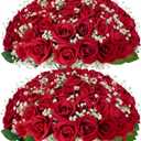 50 PCS Velvet Artificial Rose Bouquet with Baby's Breath, 20 Inch Realistic Fake Flowers, Perfect for Wedding Bridal Bouquets, Home Decor, Table Centerpieces & Photo Shoots，Red