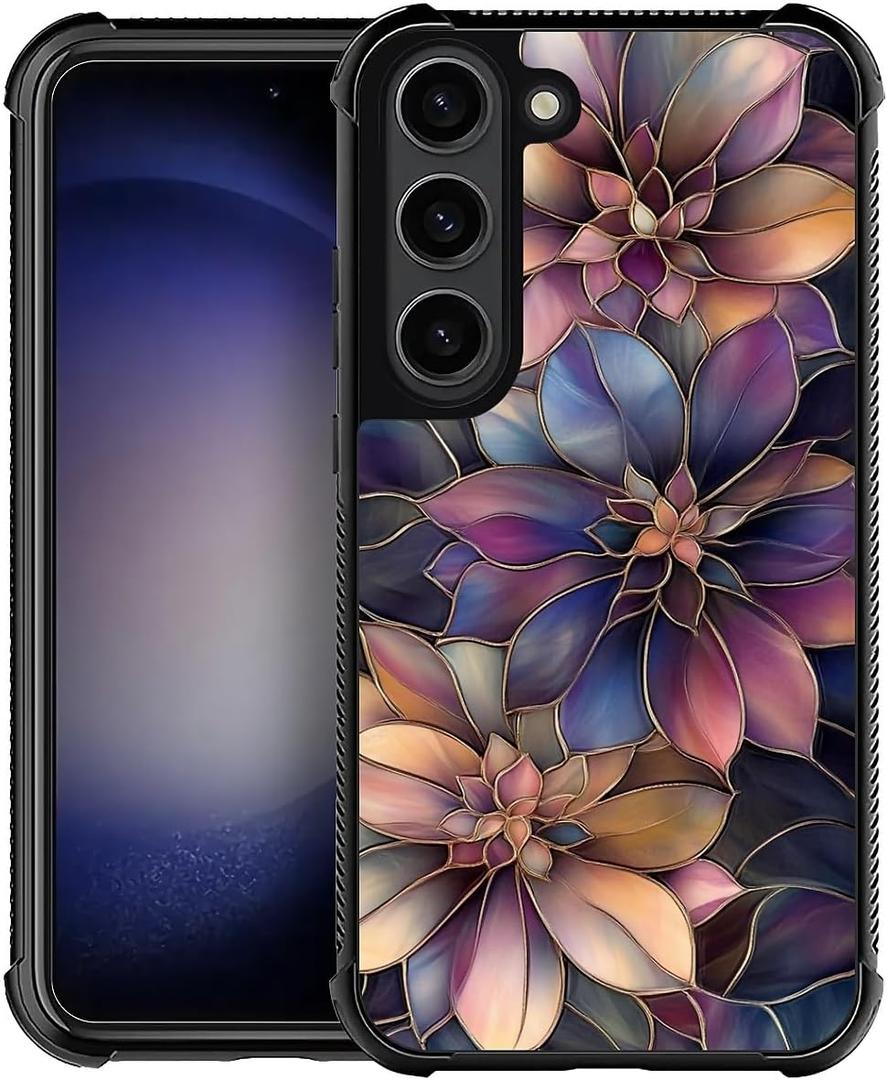 CARLOCA Compatible with Samsung Galaxy S23 Case for Girls Boys Hard Shell Shockproof Protection Non Slip for Samsung Galaxy S23 Fashion Pattern Dark Purple Gold Flowers Stained Glass
