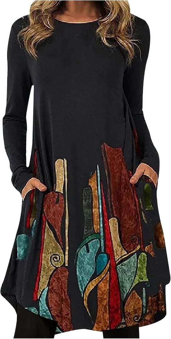 Tunic Dress for Women 2025 Casual Trendy Long Sleeve Crew Neck Vintage Printed T Shirt Dress Fashion Pullover Loose Swing Midi Dress with Pockets Size M Khaki (M)
