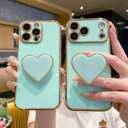 Cute Case for iPhone 17 Pro Max 6.9'', Green Plating Luxuly Phone Heart Case with Love-Heart Kickstand, Soft TPU Shockproof Protective Cover for Girls and Women