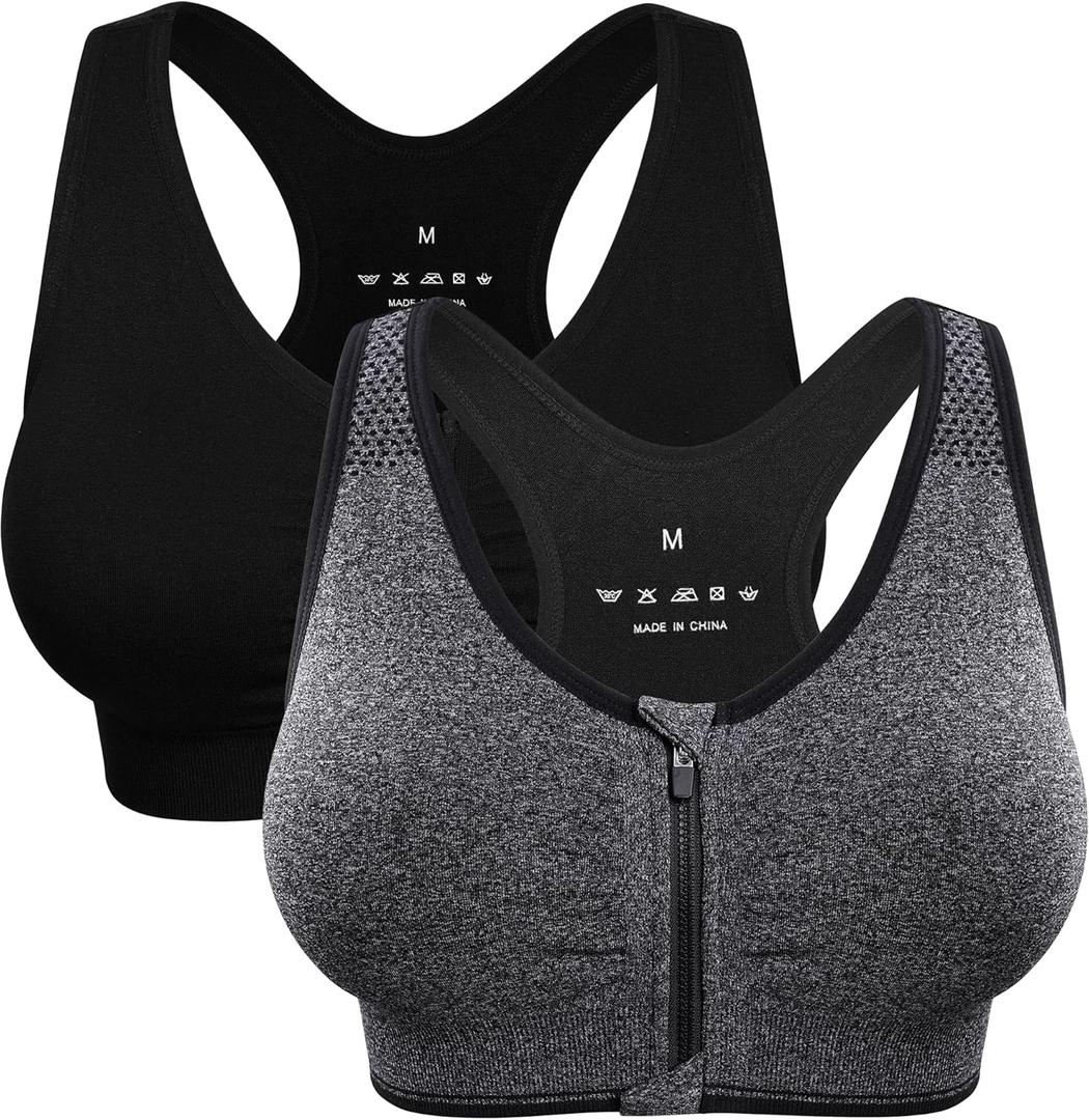Women's Zip Front Sports Bra Wireless Post-Surgery Bra Active Yoga Sports Bras (Large, Black+grey-2 Pack)