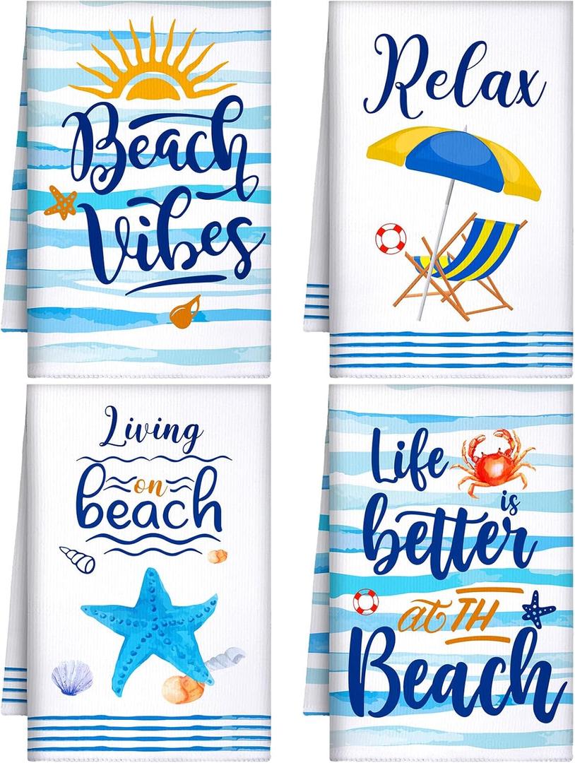 Tegeme 4 Pcs Summer Beach Kitchen Towels 16 x 24 Inch Beach Holiday Dishcloths Fast Drying Absorbent Baking Dish Clothing Blue Coastal Kitchen Towels for Daily Home Cleaning Housewarming Gifts