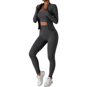 Womens 3 Piece Workout Set Sports Bra, Leggings & Jacket with Thumbholes Yoga Outfit Activewear for Gym Running Training (Gray, S)