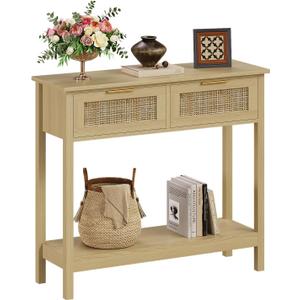 Trironsun Farmhouse Rattan Console Table with 2 Drawers 2 Tier Boho Narrow Long Sofa Table Natural with Open Storage Shelf Wood Entryway Table for Living Room Hallway Foyer (Nature, 39.4 Inch)