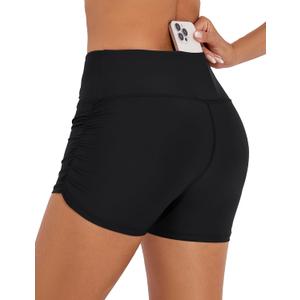 Women's 3" Swim Shorts High Waist Bathing Suit Bottoms Ruched Side Board Shorts (XX-Large, Black)