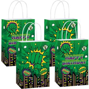 24Pcs Green Hero Party Supplies Super Theme Party Favor Bags with Handles Cartoon Green Hero Treat Candy Goodie Bags Comic City Cityscape Gift Bag for Boys Girls Baby Shower Birthday Decorations