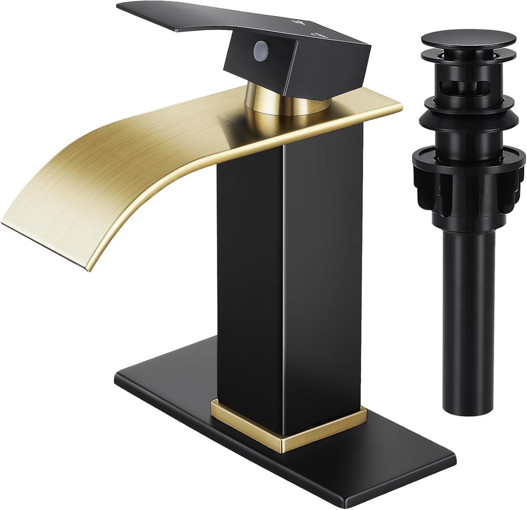 Qomolangma Waterfall Bathroom Faucet, Black and Gold Modern Single Handle Bathroom Faucets for 1 or 3 Hole Bathroom Sink Faucet Mixer Tap Washbasin Faucet with Deck, Pop-up Drain and Supply Hoses