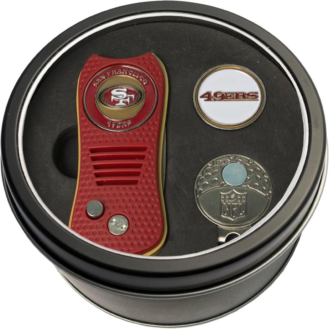 Team Golf NFL Gift Set Switchblade Divot Tool, Cap Clip, & 2 Double-Sided Enamel Ball Markers, Patented Design, Less Damage to Greens, Switchblade Mechanism (One Size, Multi Team Color)