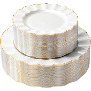 120PCS Pearl White Plastic Plates, Heavy Duty Disposable Party Plates with Gold Rim, 60 Dinner & 60 Dessert for Parties and Weddings