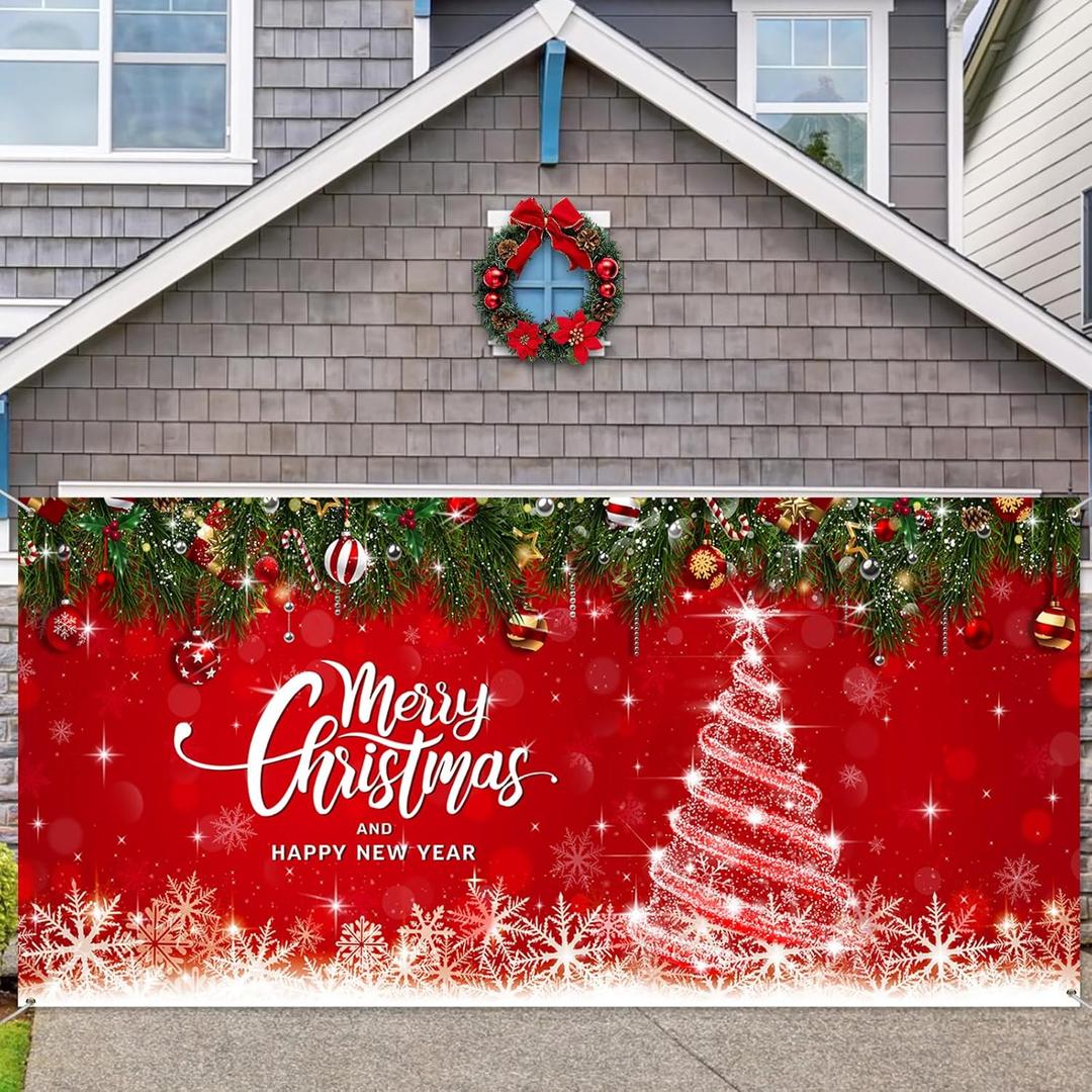 Christmas Garage Door Cover - 7 x 16 ft Winter Xmas Garage Backdrop Banner with Merry Design