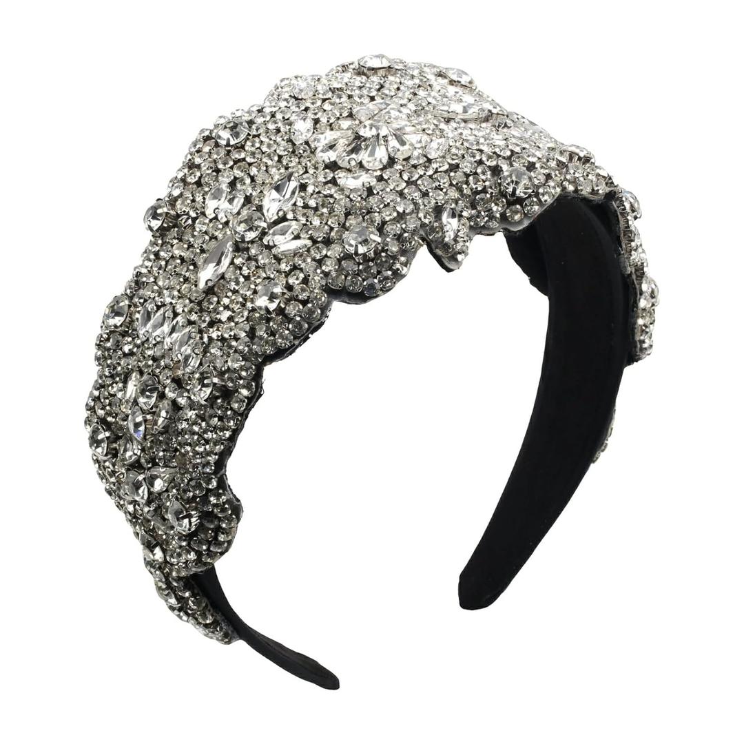 Baroque Crystal Flower Headband for Women Big Wide Chunky Rhinestone Bead Hairband Hairwear Jeweled Head Accessories (H1066-white)