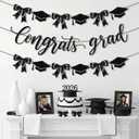 Black Bow Graduation Party Decorations 3 Pcs End of Year Congrats Grad Banner Garland Set, 2026 Graduation Backdrop for High School College Congrats Grad End of Year Party Supplies