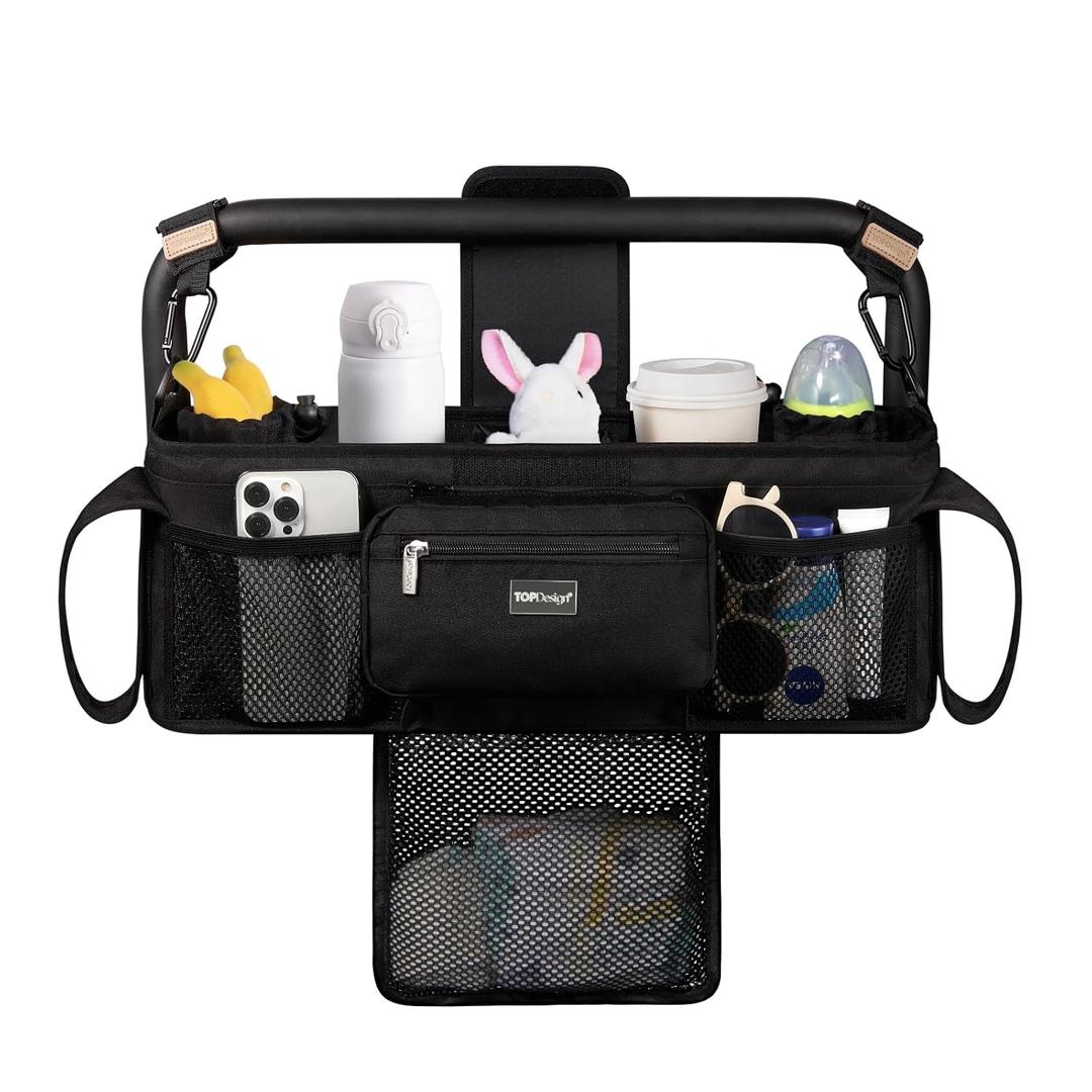 TOPDesign Universal Baby Stroller Organizer, Double Stroller Caddy with Detachable Mesh Bag & Heightened Insulated Cup Holders & Non-Slip Secure Hooks Accessories, Fits Most Strollers (Black)
