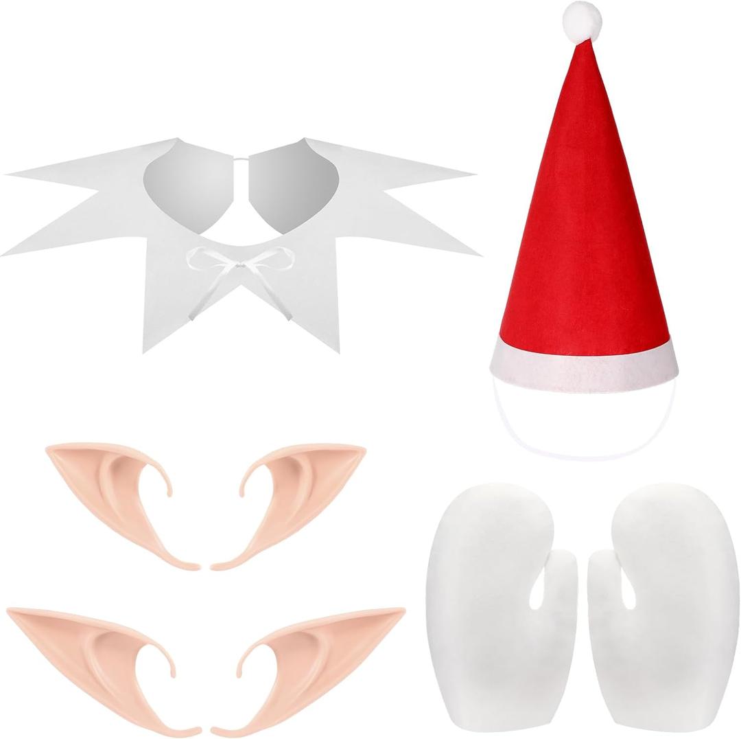 Toulite 4 Pcs Christmas Elf Costume Accessories, Red and White Elf Hat Collar Gloves Fairy Pixie Ears Set for Xmas Party Cosplay