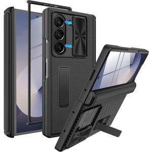 Miimall Phone Case for Samsung Galaxy Z Fold 6 with Slide Camera Cover, Hinge Protection, Built-in Screen Protector, Adjustable Kickstand, Slim Full Body Case for Galaxy Z Fold 6, Black
