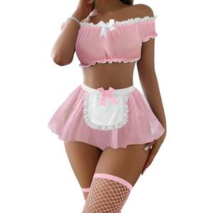 Foxiny Sexy Stockings Mini Skirt Mesh Sheer Lace Halloween Costume Maid Outfit Lingerie with Thong Set 4 Piece XL