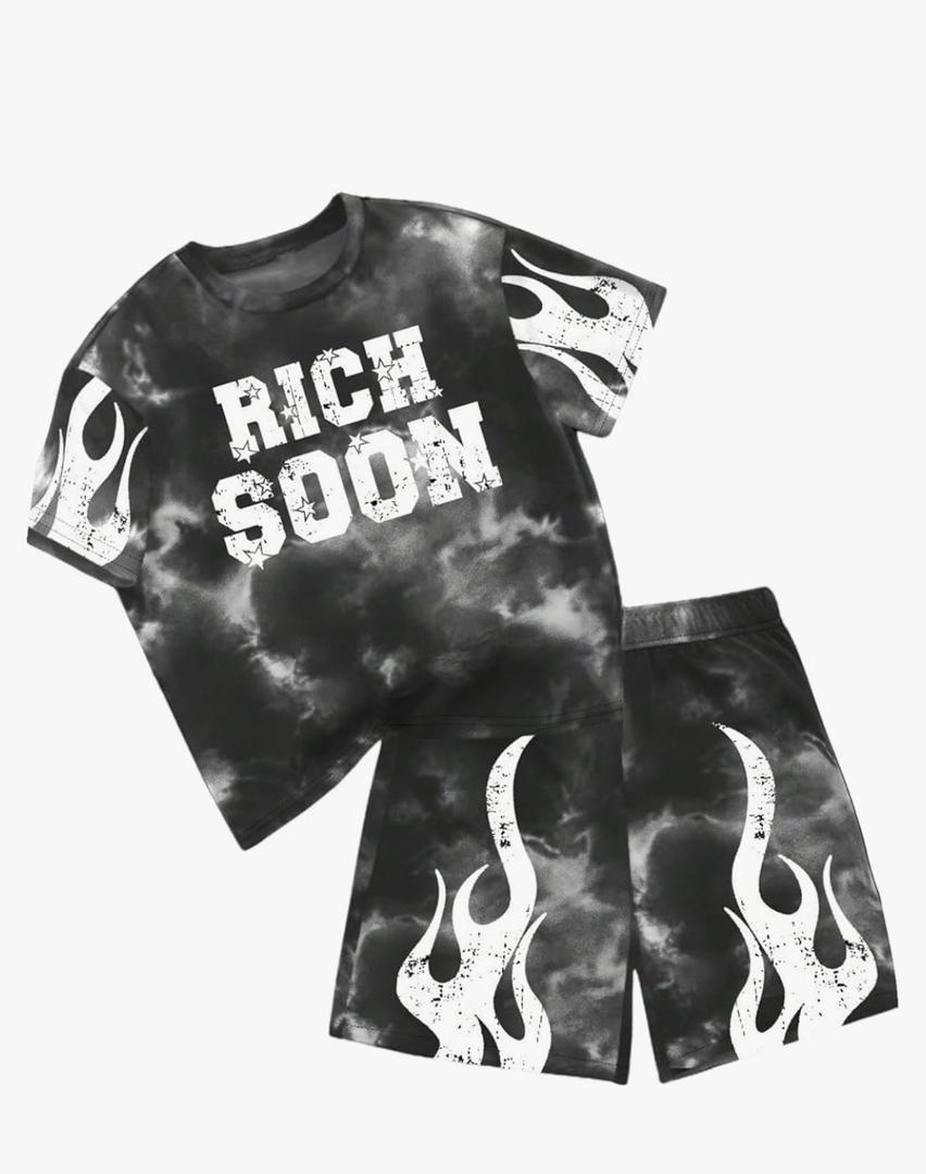 WDIRARA Boy's Letter Graphic 2 Piece Outfits Short Sleeve Tie Dye Shorts Set Tracksuit, 11Y