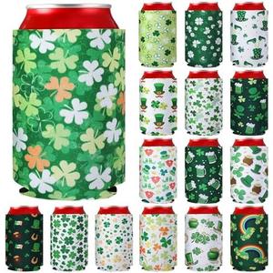 Pickmesh 16 Pcs St. Patrick's Day Can Cooler Sleeves 12oz Green Shamrock Can Cover Neoprene Bottle Holder Lucky Insulated Drink Cover for Beverage Irish Holiday Bachelorette Party Supplies(Standard)