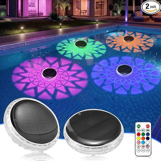 Solar Powered Floating Pool Lights (2 Pack), Solar Pool Lights with Remote, 9 Color Modes & Timing, IP67 Waterproof for Inground Above Ground Pool, Pool Party, Bathroom, Garden Pool Accessories
