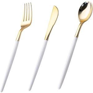 I00000 60 Pcs Gold Plastic Silverware - Heavy Duty Plastic Cutlery -Party Disposable Silverware SetDisposable Cutlery Set Includes 20 Forks, 20 Knives, 20 Spoons Perfect for Wedding (White)