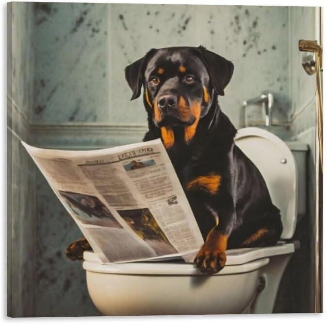 TcnBzydkij Square Canvas Bathroom Decor Rottweiler Dog Wall Decor Poster Animals Reading Newspaper Theme Bathroom Wall Art Print Toilet Wall Decor Home Gift 12x12inch Framed, style-1