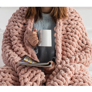 Chunky Knit Blanket Throw - 50"x60" 3.7 lbs.- Soft Chenille Yarn Knitted Blanket -Machine Washable Crochet Blanket - Handmade Cable Knit Throw Blanket for Couch, Bed (Blush Pink)