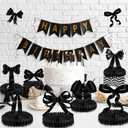 Containlol 9 Pcs Black Bow Birthday Party Decorations Bow Honeycomb Centerpieces Coquette Party Table Decorations Coquette Paper Cutouts Supplies for Bridal Graduation 2026 Bachelorette Decor
