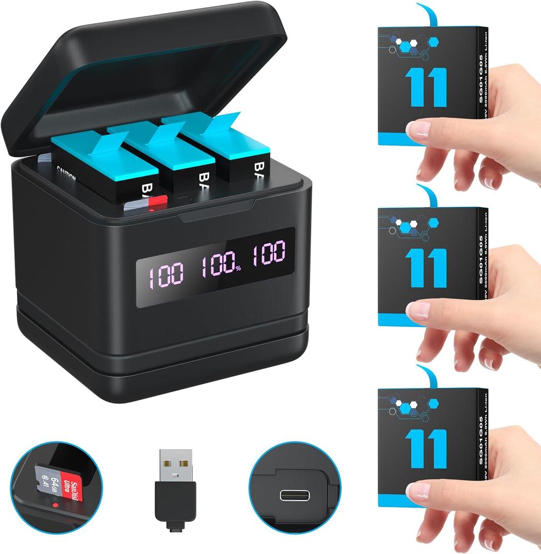 Replacement Batteries 2000mAh(3-Pack) for Hero 12/11/10/9 & Storage Fast Charger with High-Speed Micro SD Card Reader Function, Fully Compatible with Gopro 12/11/10/9 Original Battery and Charger